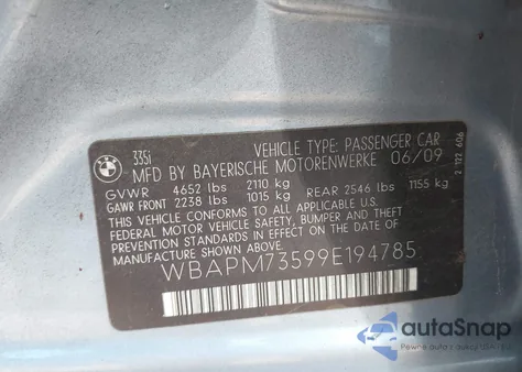2009 BMW 335I from USA, damaged, VIN WBAPM73599E194785